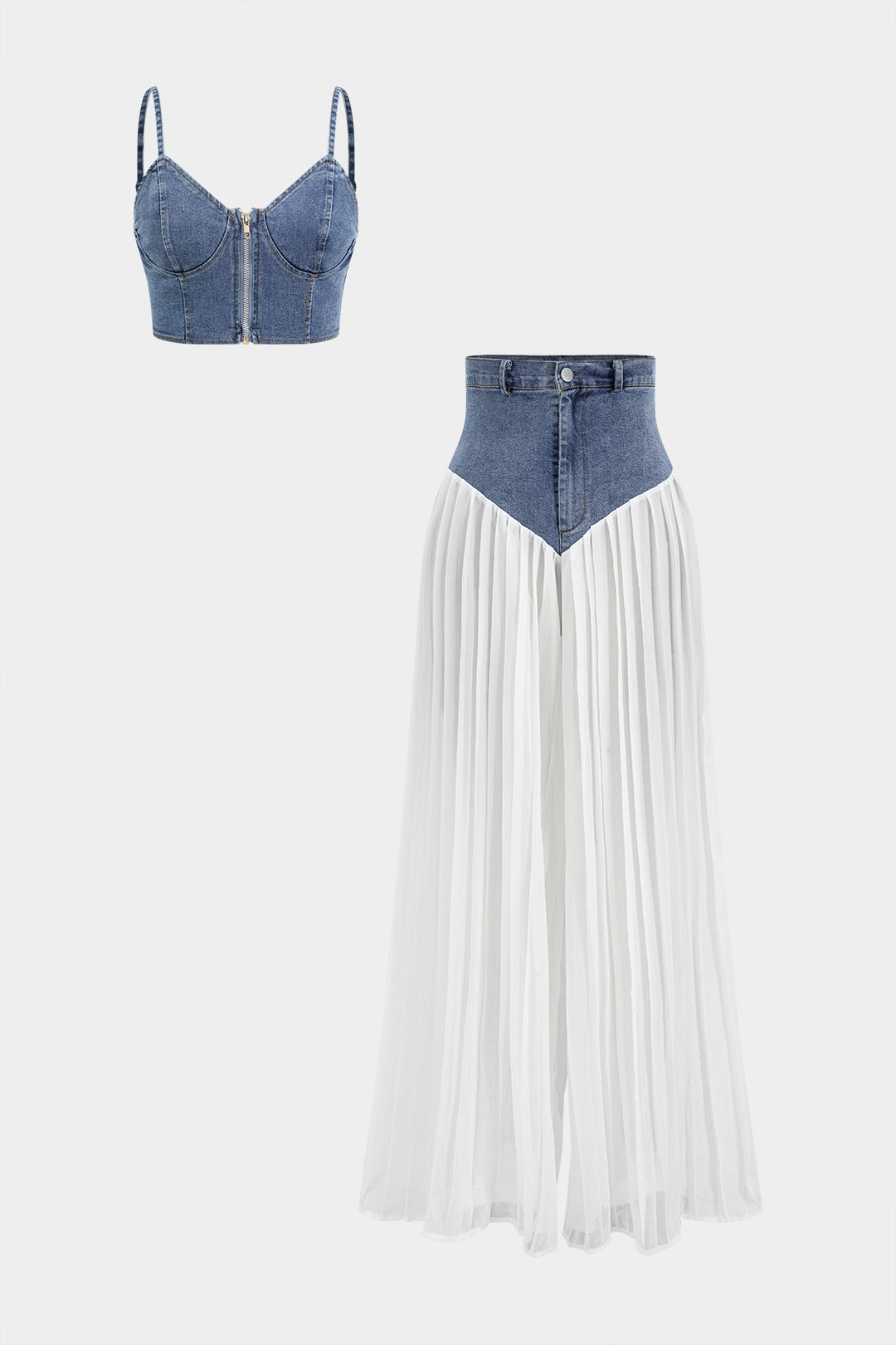 Romia - Ensemble bustier en denim et pantalon plissé en chiffon