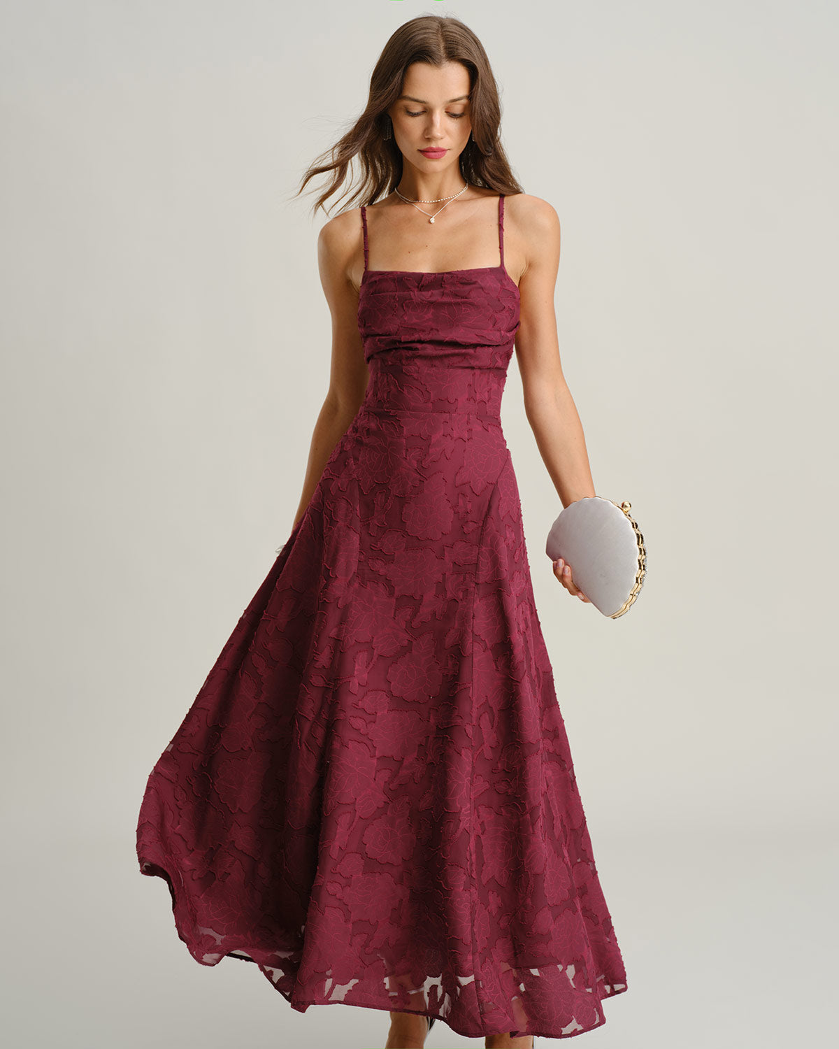 Robe longue en jacquard rouge vin